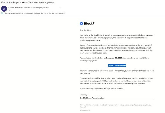 BlockFi iflası sonrası “ödeme talep et” çağrısı içeren bir oltalama e-postası