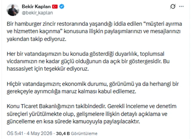 Gelişmelerin ardından Ticaret Bakanlığı inceleme başlattı. Bakanlık Basın Danışmanı Bekir Kaplan, yaptığı açıklamada hiçbir vatandaşın ekonomik durumu ya da görünümü nedeniyle ayrımcılığa uğramasının kabul edilemeyeceğini vurgulayarak sürecin yakından takip edildiğini duyurdu.